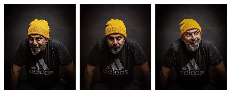 Dreiteilige Portraitserie eines Mannes mit gelber Mütze
