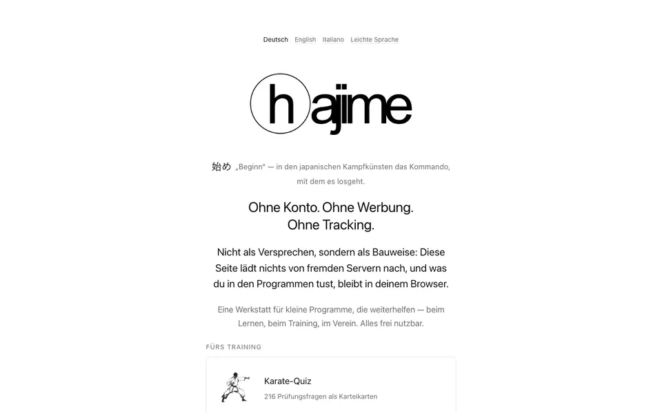 Startseite von hajime.at: Schriftzug hajime und der Satz „Ohne Konto. Ohne Werbung. Ohne Tracking.“
