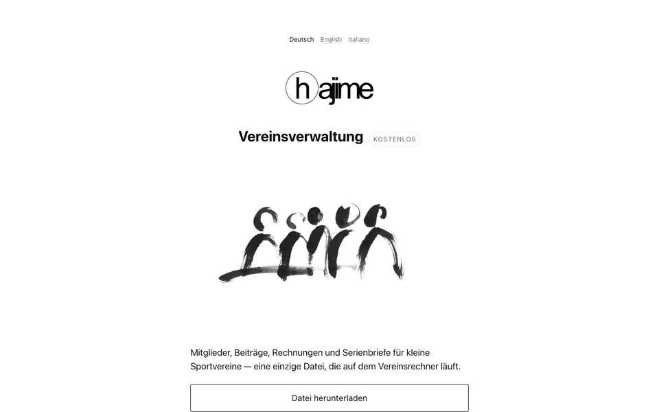 Seite der Vereinsverwaltung auf hajime.at mit Tuschezeichnung einer Gruppe und dem Knopf „Datei herunterladen“
