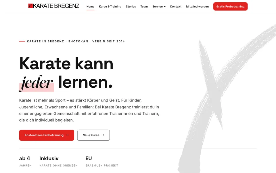 Startseite von karate-bregenz.at mit der Überschrift „Karate kann jeder lernen.“ – gestaltet und gebaut von Stefan Friedrich Mayr